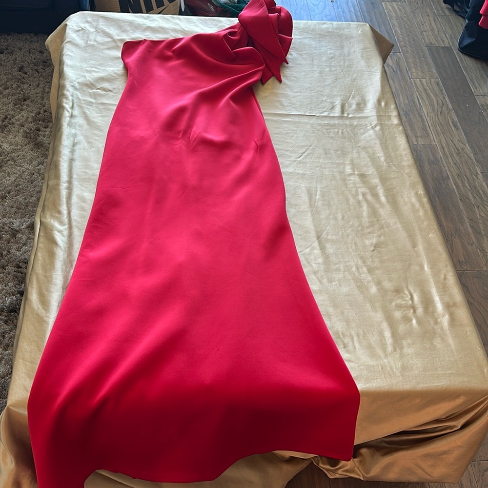 Beautiful off the shoulder “holiday” red formal.